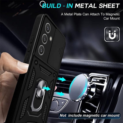 Galaxy S24 Hybrid Dual Armor Case with Camera Slide Cover – Shockproof Polycarbonate Protection