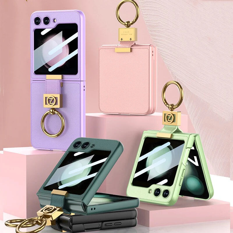 Galaxy Z Flip5 Premium Leather Case with Finger Ring & Camera Lens Protector