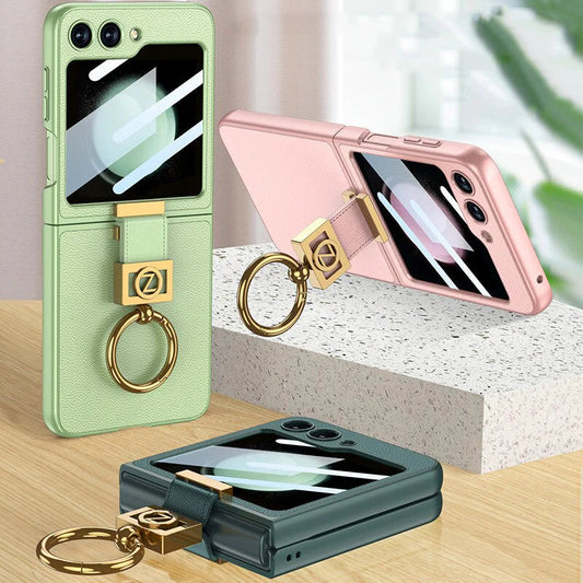 Galaxy Z Flip5 Premium Leather Case with Finger Ring & Camera Lens Protector