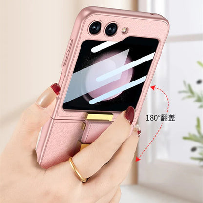 Galaxy Z Flip5 Premium Leather Case with Finger Ring & Camera Lens Protector