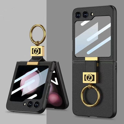 Galaxy Z Flip5 Premium Leather Case with Finger Ring & Camera Lens Protector