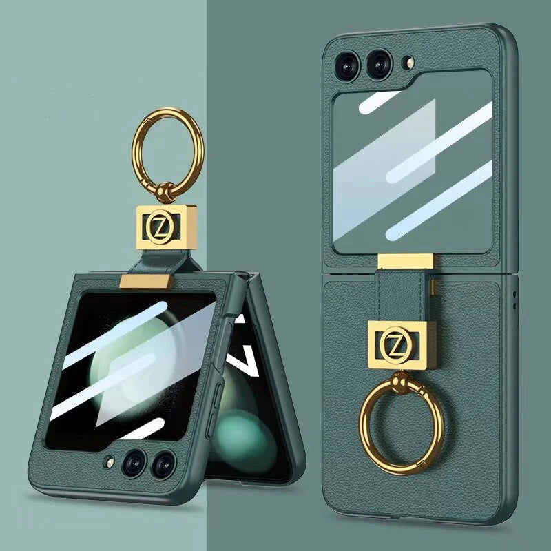 Galaxy Z Flip5 Premium Leather Case with Finger Ring & Camera Lens Protector