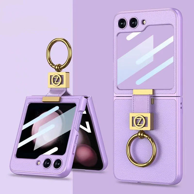 Galaxy Z Flip5 Premium Leather Case with Finger Ring & Camera Lens Protector