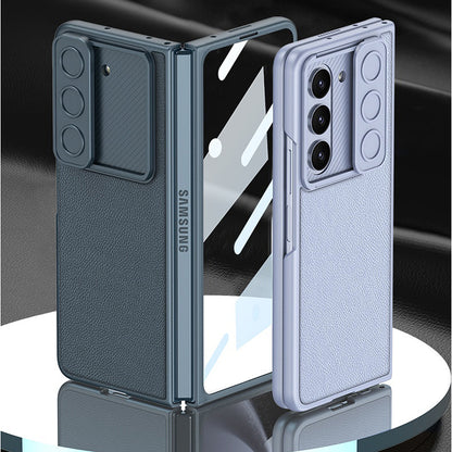Galaxy Z Fold5 Luxury Leather Lens Slide Window Business Shockproof Shell Case