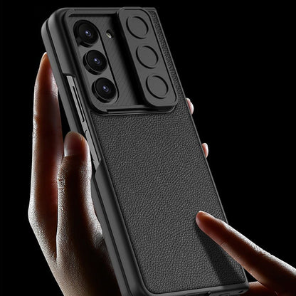 Galaxy Z Fold5 Luxury Leather Lens Slide Window Business Shockproof Shell Case
