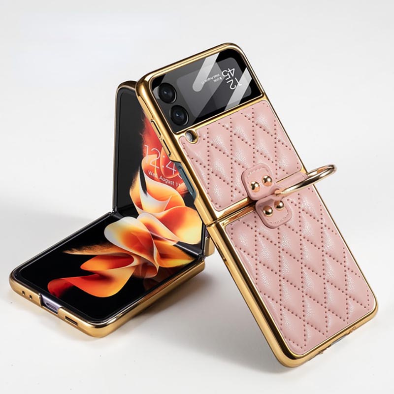 Galaxy Z Flip4 Luxury Leather Folding with Ring Stand Back Case