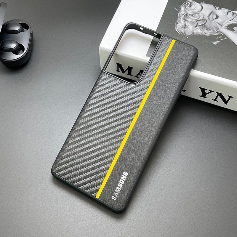 Galaxy S21 Ultra Classic Carbon Fiber Leather Hybrid Shockproof Case- Yellow