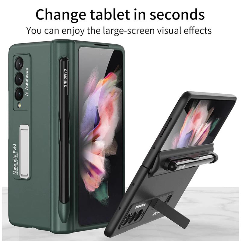 Galaxy Z Fold3 Luxury Kickstand Magnetic Hinge Pen Holder Slot Case