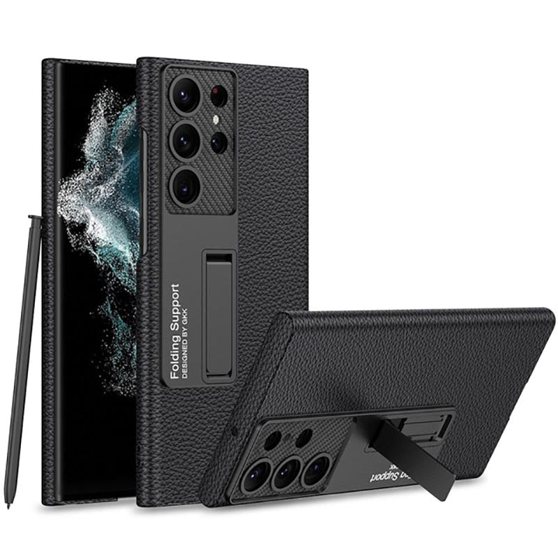 Galaxy S23 Ultra Luxury Kickstand Leather Back Case