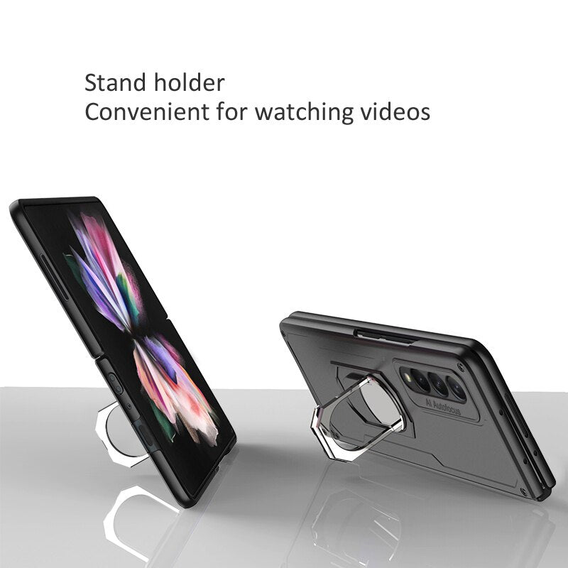 Galaxy Z Fold 3 Drop Resistance Rugged Defender Armor Ring Holder With kickstand Bracket Case
