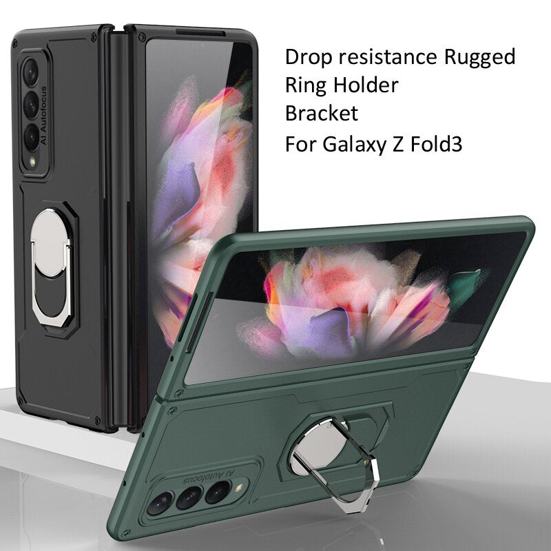 Galaxy Z Fold 3 Drop Resistance Rugged Defender Armor Ring Holder With kickstand Bracket Case