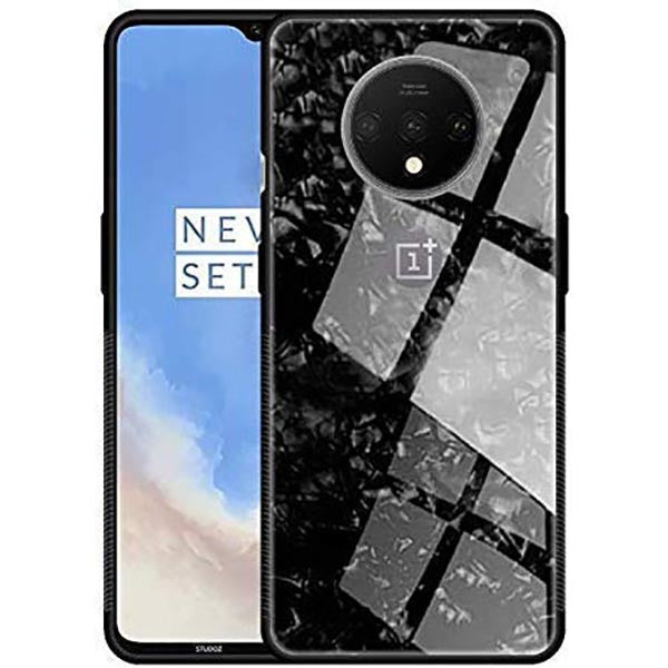 OnePlus 7T Textured Marble Pattern Tempered Glass Case- Black