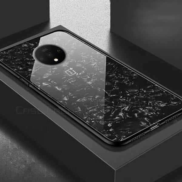OnePlus 7T Textured Marble Pattern Tempered Glass Case- Black