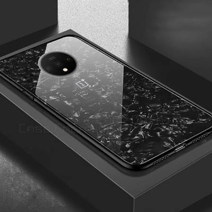 OnePlus 7T Textured Marble Pattern Tempered Glass Case- Black