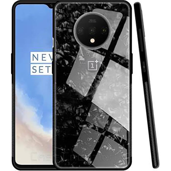 OnePlus 7T Textured Marble Pattern Tempered Glass Case- Black