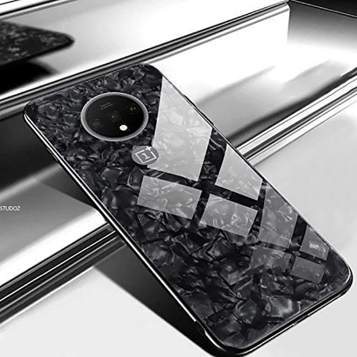 OnePlus 7T Textured Marble Pattern Tempered Glass Case- Black