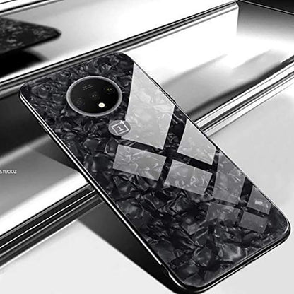 OnePlus 7T Textured Marble Pattern Tempered Glass Case- Black