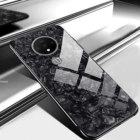 OnePlus 7T Textured Marble Pattern Tempered Glass Case- Black