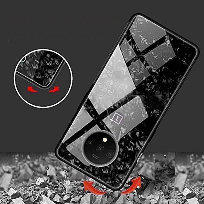 OnePlus 7T Textured Marble Pattern Tempered Glass Case- Black