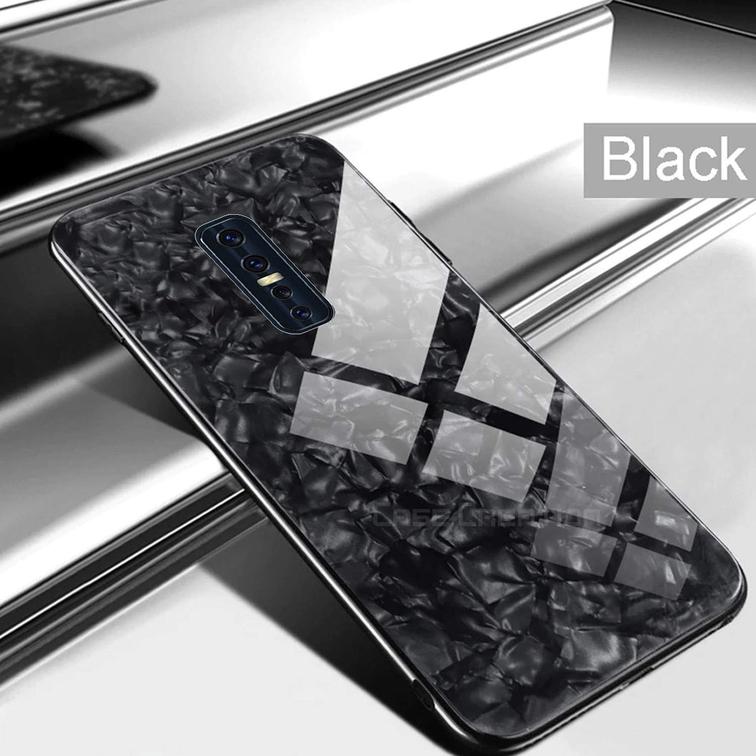 Vivo V17 Pro Textured Marble Pattern Tempered Glass Case- Black