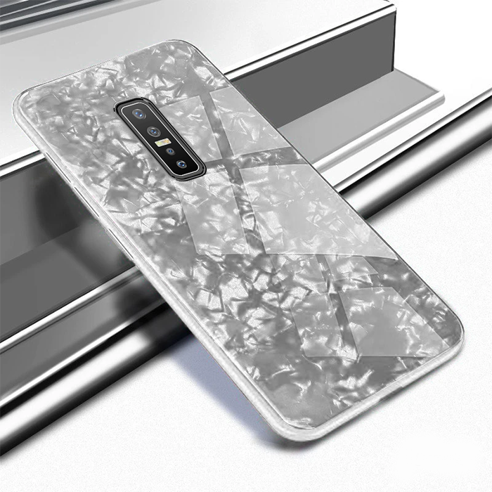 Vivo V17 Pro Textured Marble Pattern Tempered Glass Case- White