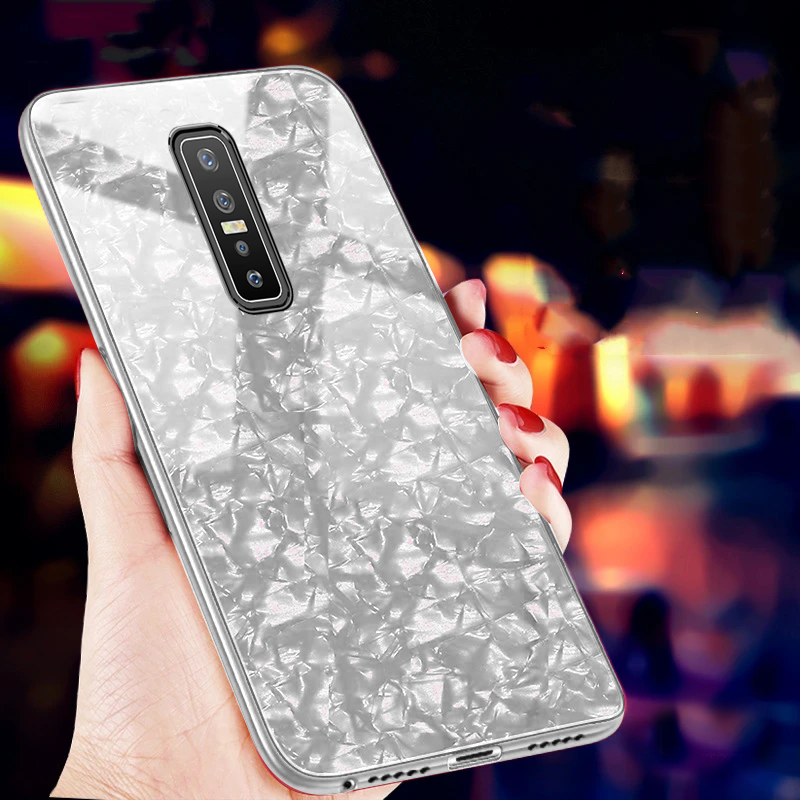 Vivo V17 Pro Textured Marble Pattern Tempered Glass Case- White