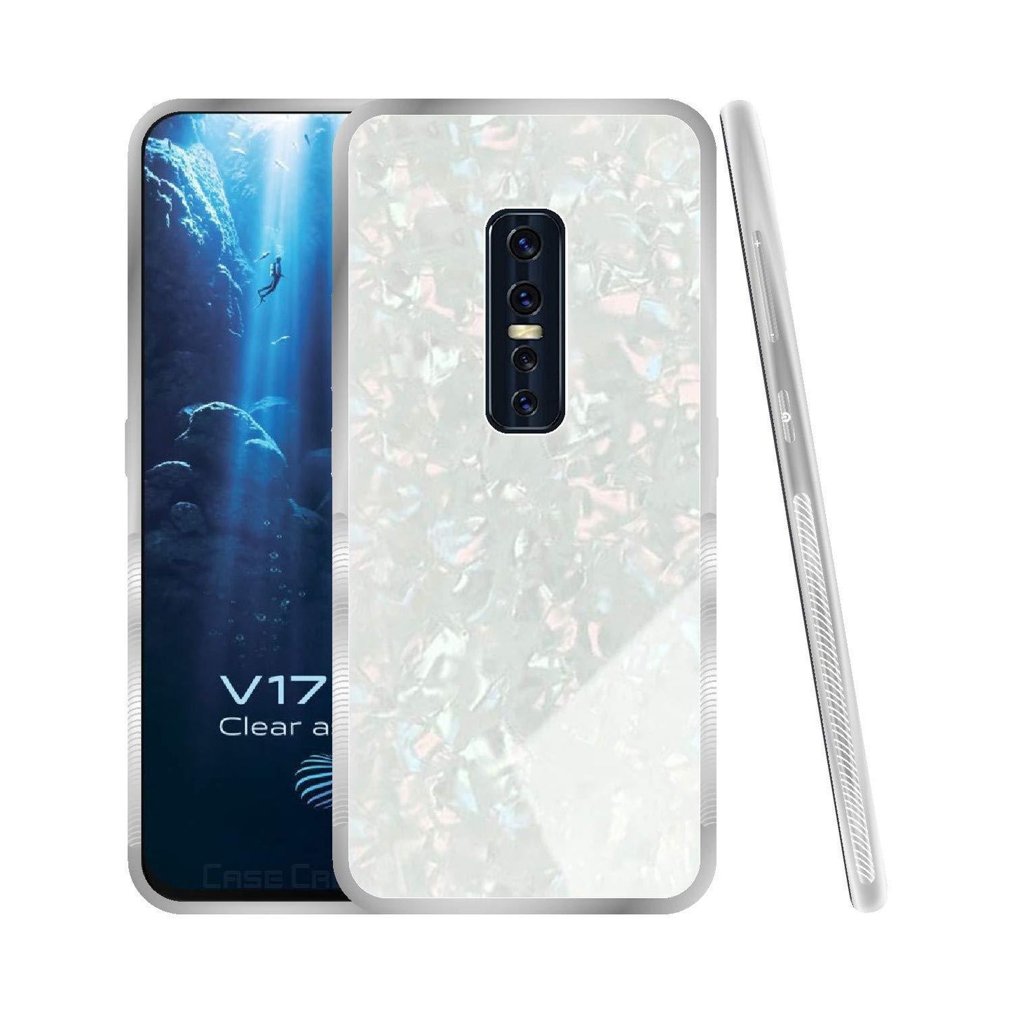 Vivo V17 Pro Textured Marble Pattern Tempered Glass Case- White