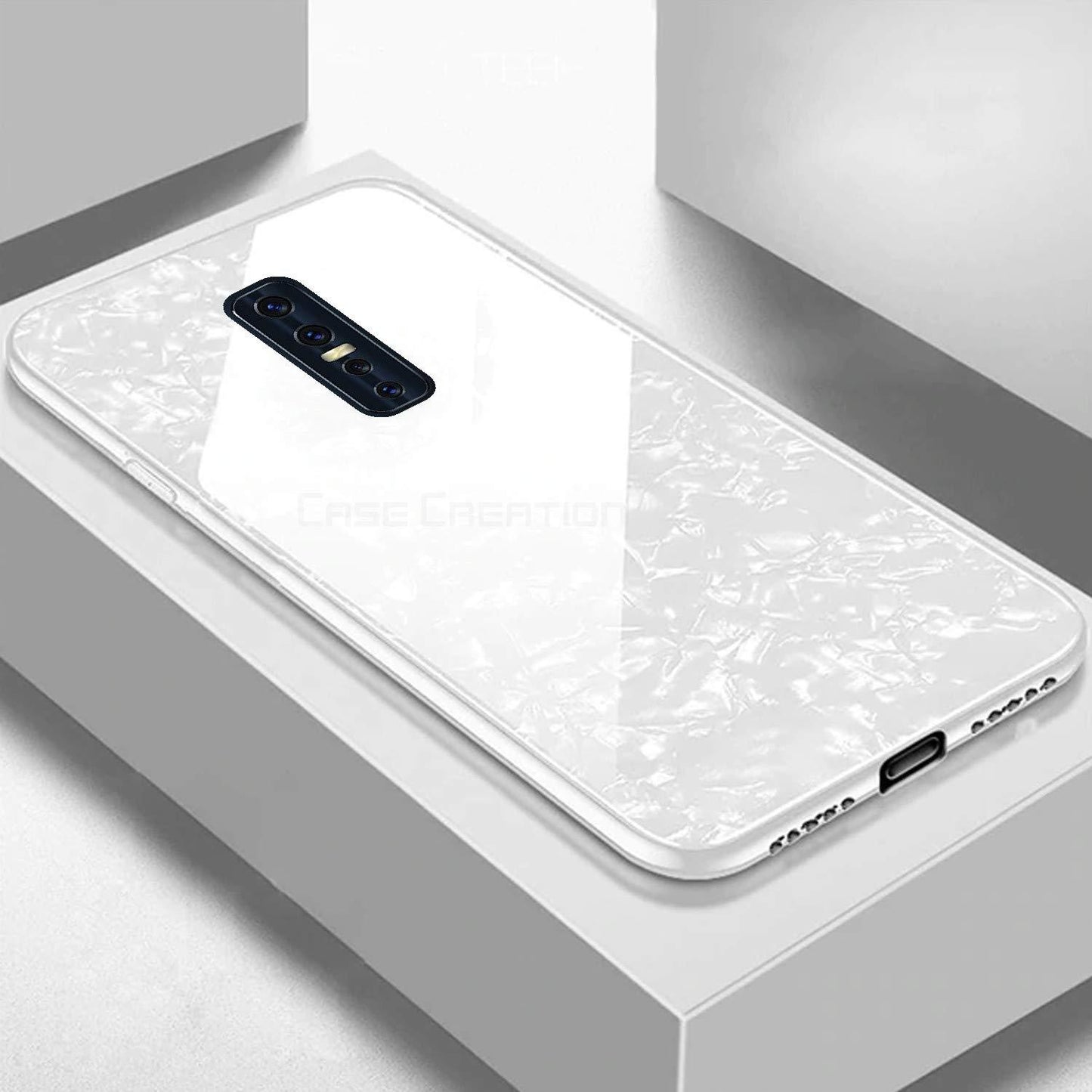 Vivo V17 Pro Textured Marble Pattern Tempered Glass Case- White