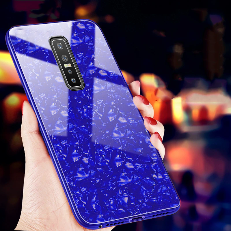 Vivo V17 Pro Textured Marble Pattern Tempered Glass Case- Blue